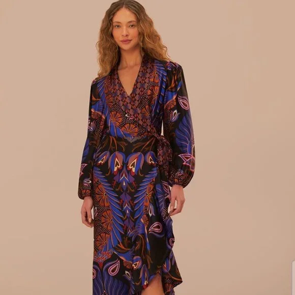 FARM Rio | Dresses | L Farm Rio Heart Forest Black Long Sleeve Midi Wrap  Dress | Poshmark